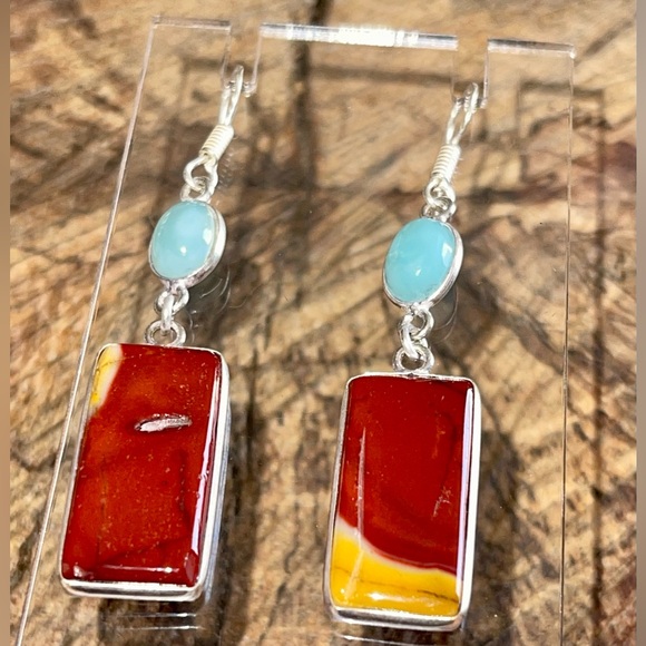 Mookaite & Caribbean Larimar Earrings 2 1/2” - Picture 5 of 10